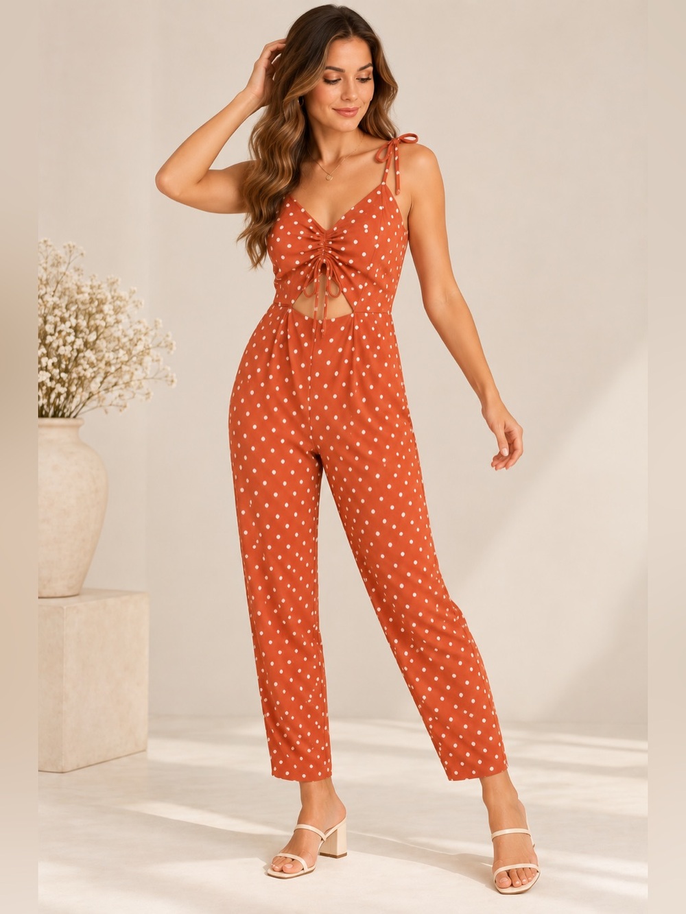 SHEIN Rust Orange Polka Dot Cutout Jumpsuit Size L